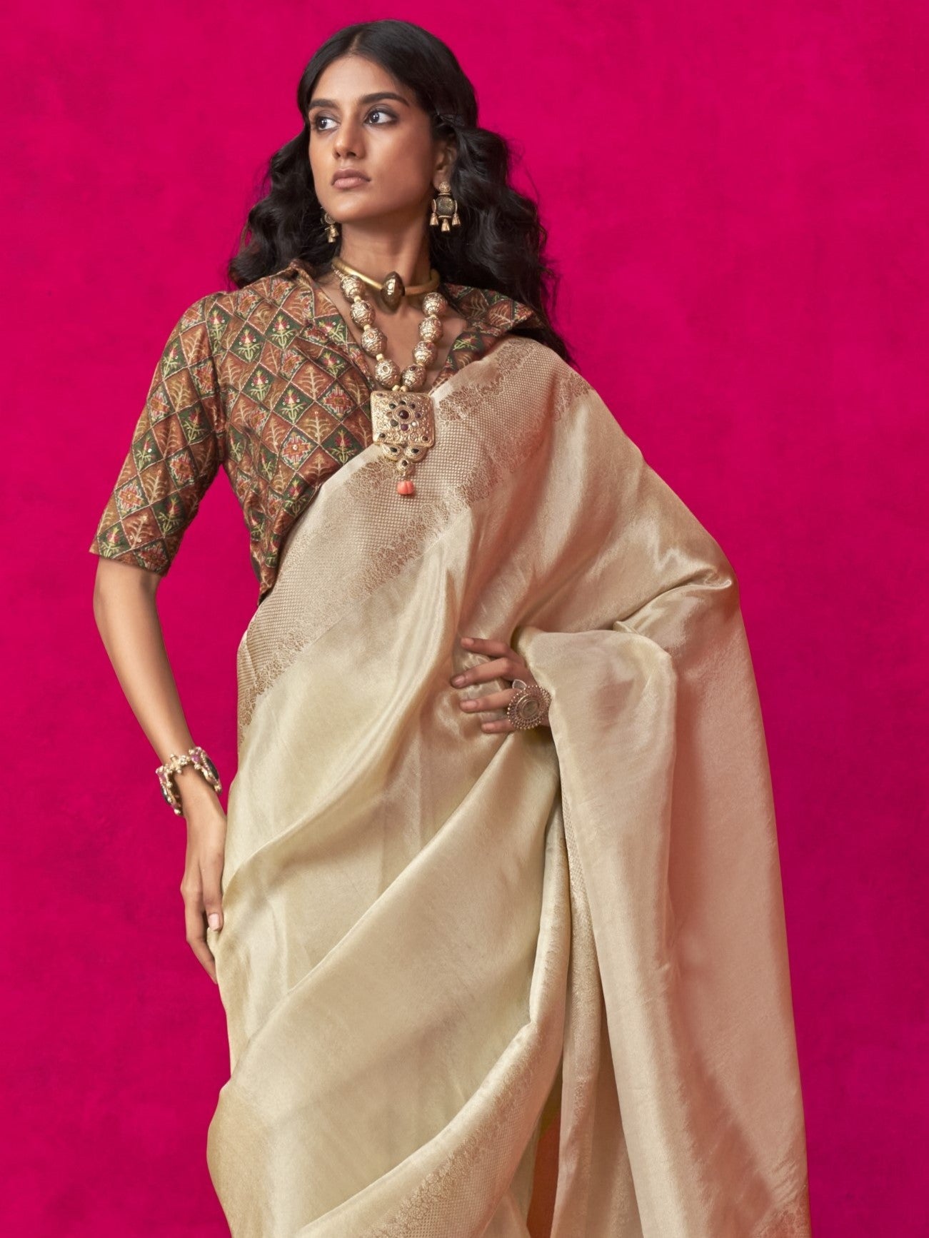 Misty White Zari Woven Tissue Silk Saree with Contrast Blouse