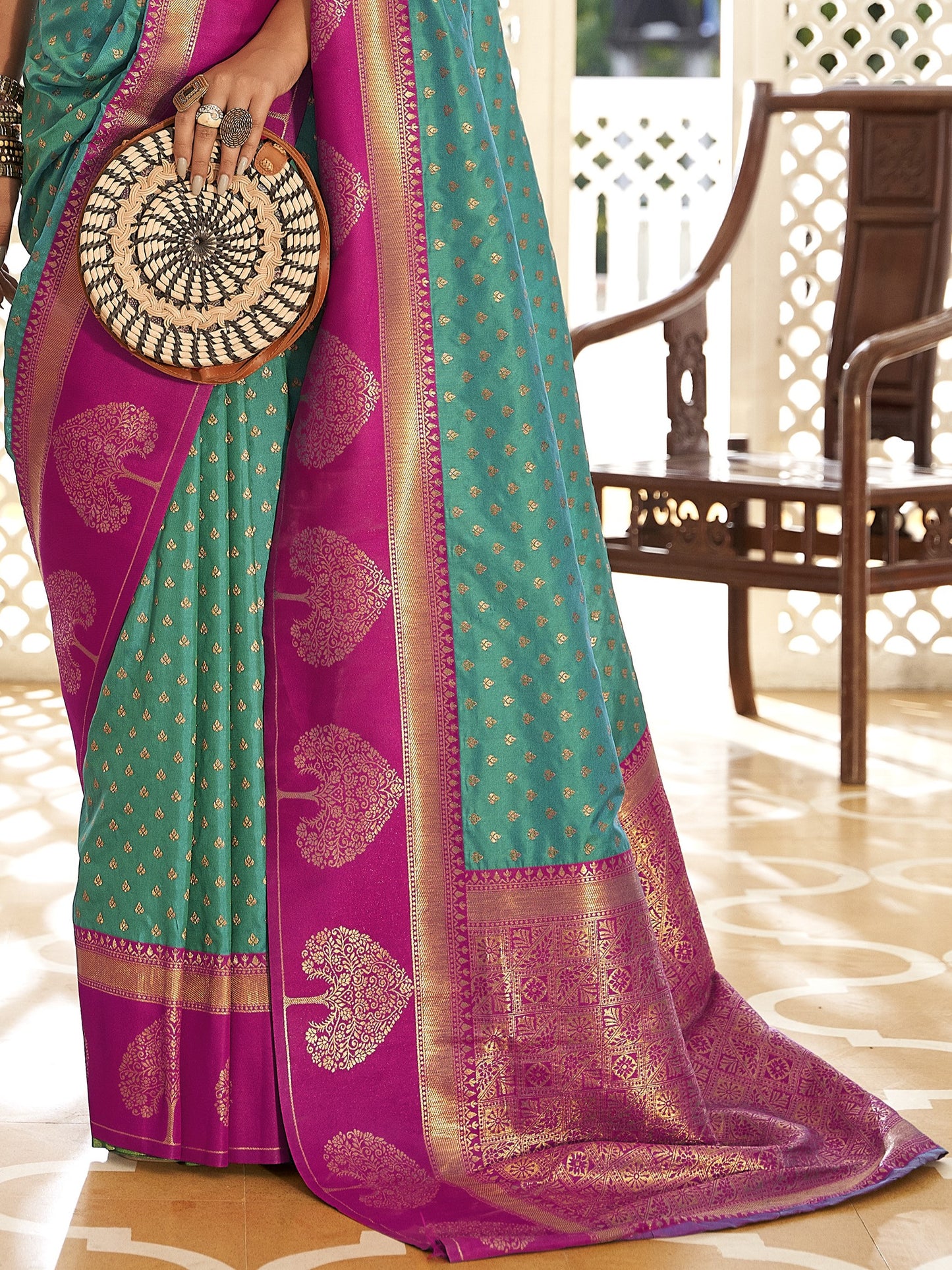 Aqua Blue Woven Banarasi Soft Silk Saree