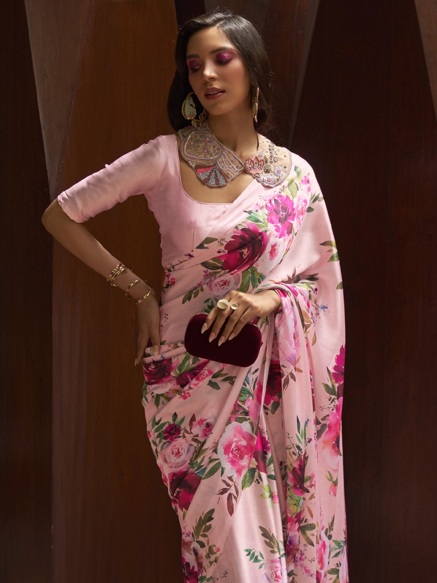 Powder Pink Digital Print Satin Crepe Saree