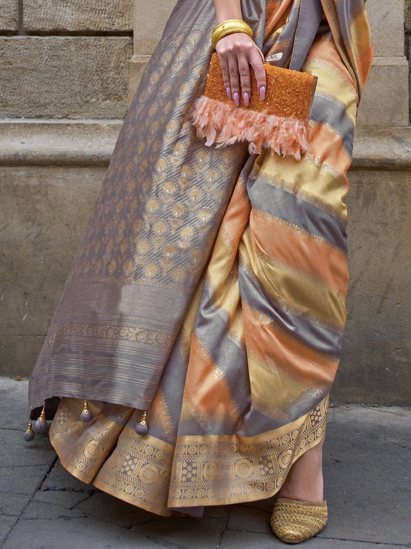 Gray with Creamy Orange Banarasi Print Soft Silk Saree