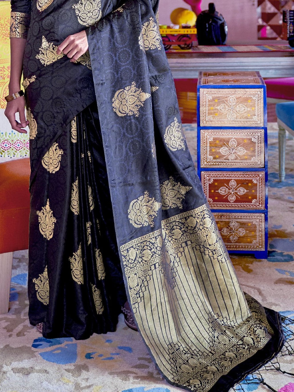 Midnight Black Satin Silk Banarasi Saree