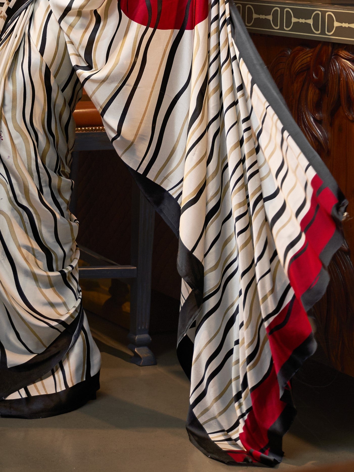 White & Red Satin Silk Printed Saree