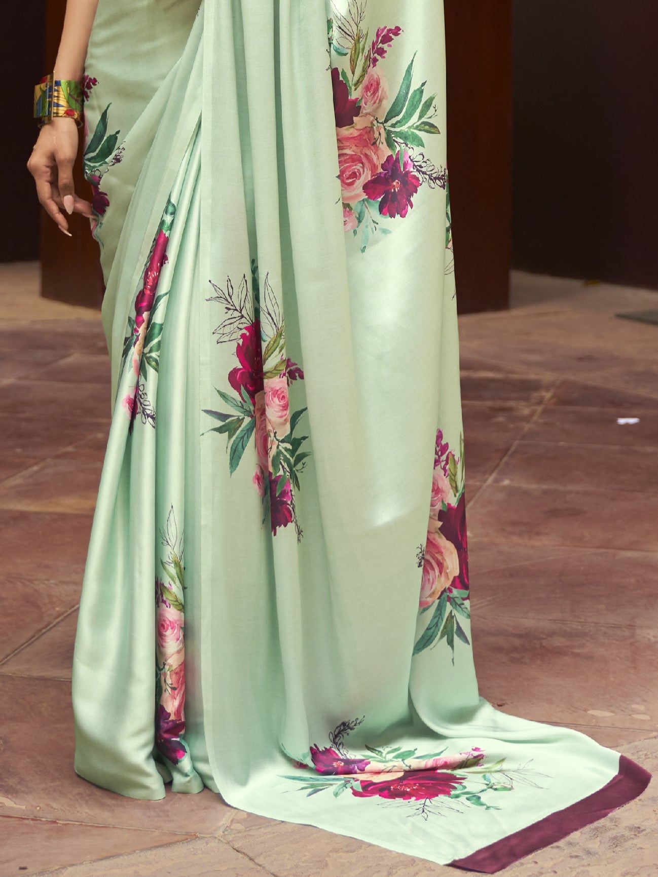 Pistachio Mint Digital Print Satin Crepe Saree