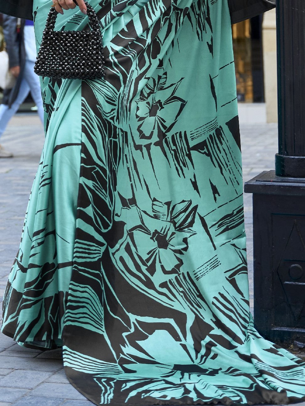 Ocean Blue Satin Crepe Print Saree