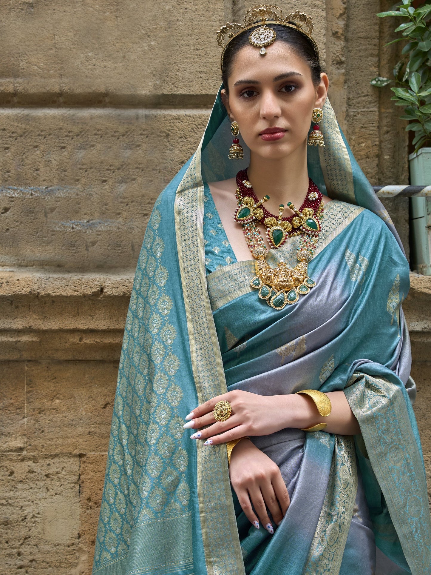 Azure Blue Banarasi Print Soft Silk Saree