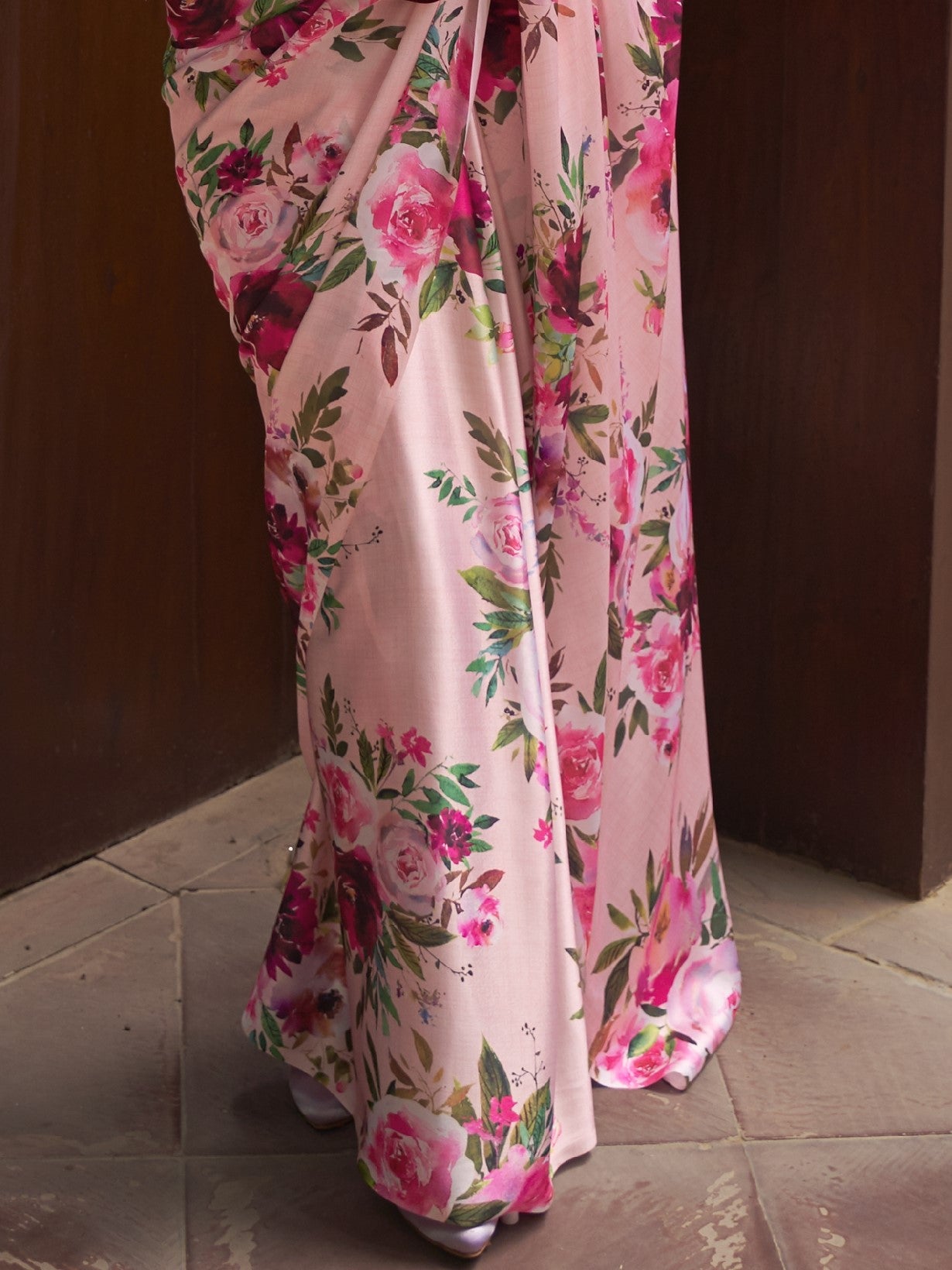 Powder Pink Digital Print Satin Crepe Saree