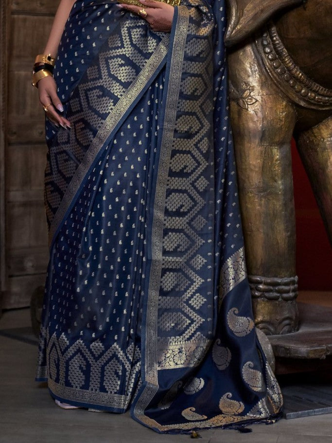 Oxford Blue Woven Banarasi Satin Silk Saree