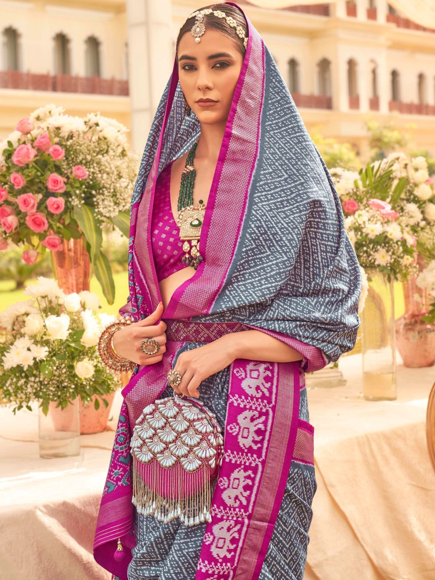 Gray and Magenta Patola Saree