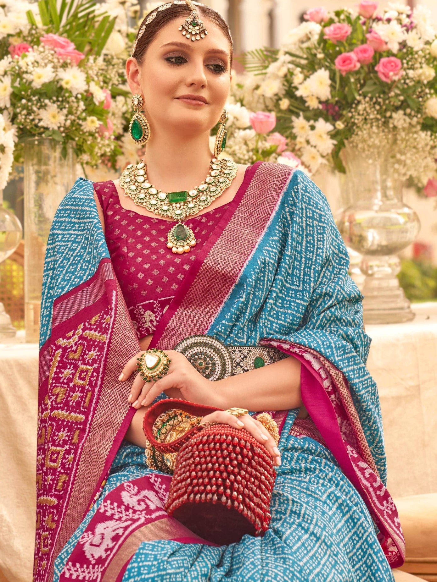 Sky Blue and Magenta Patola Saree