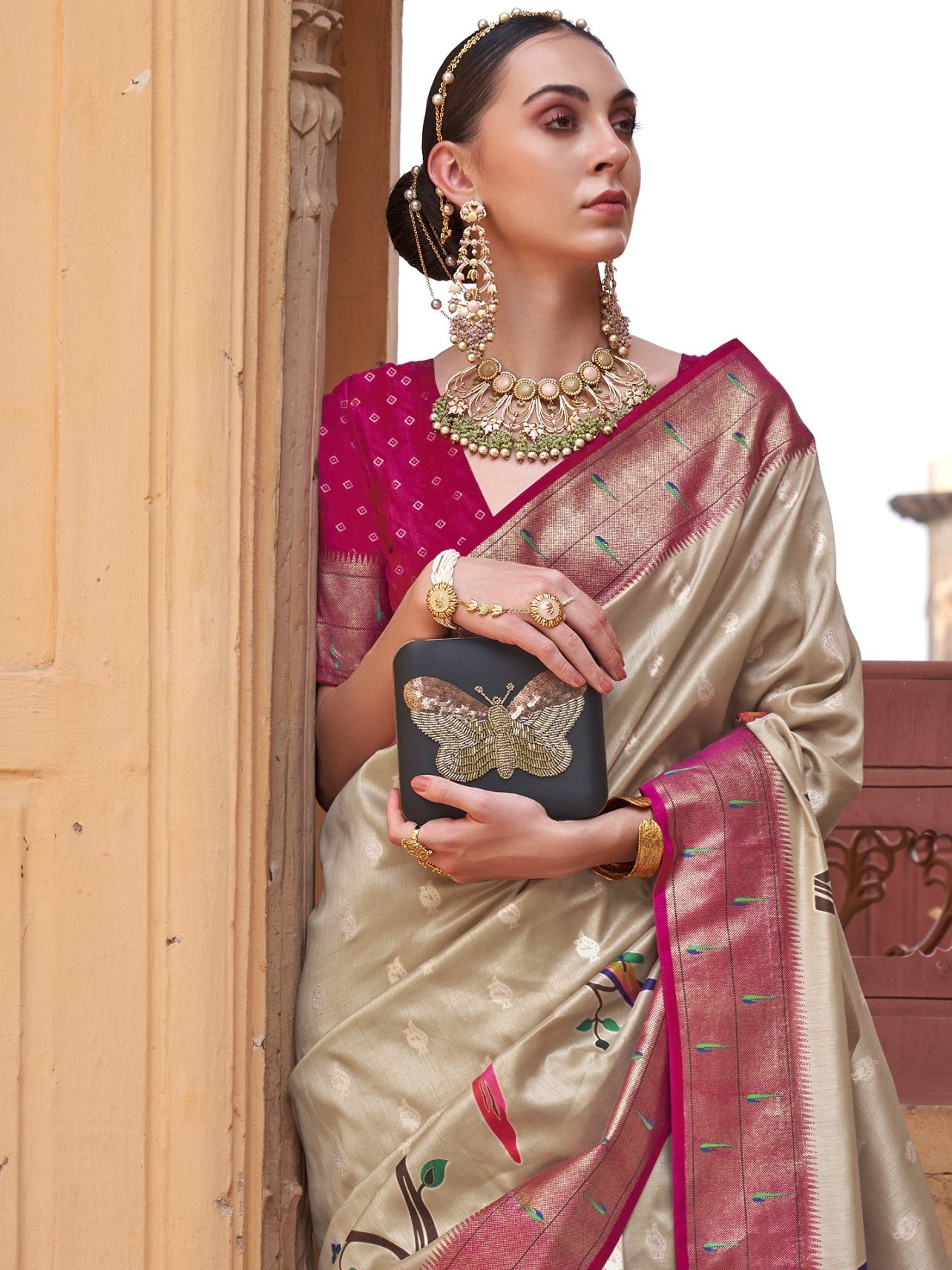 Peanut Beige Paithani Saree