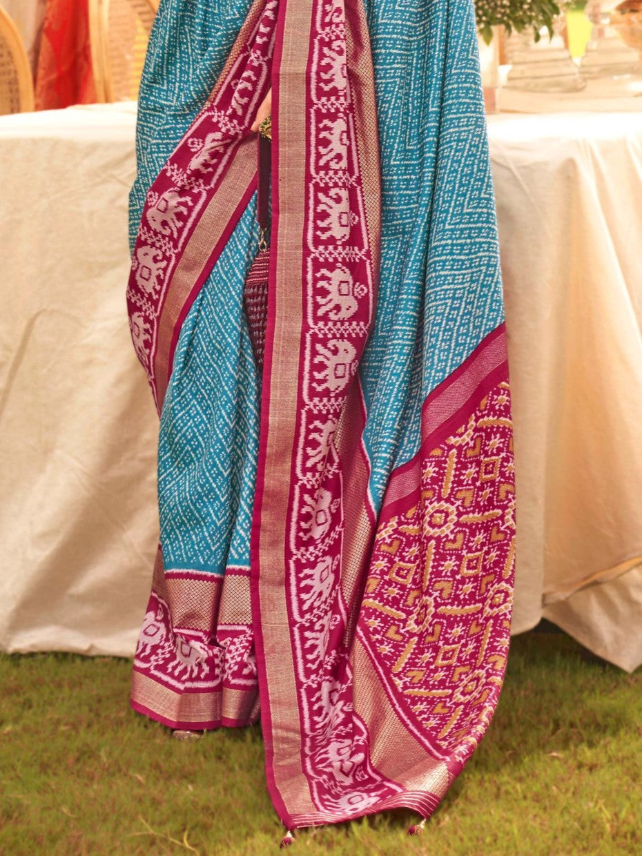 Sky Blue and Magenta Patola Saree