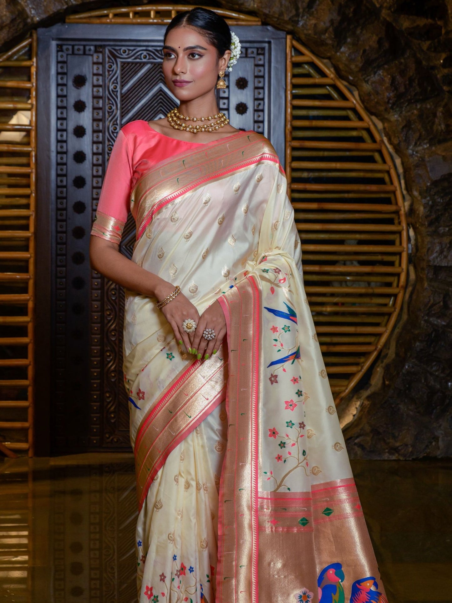 Pure Off White Woven Paithani Saree