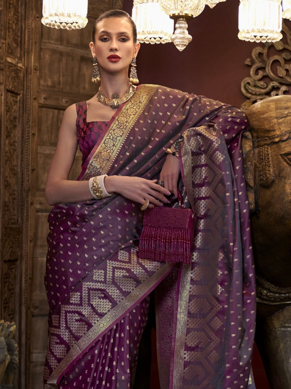 Deep Wine Woven Banarasi Satin Silk Saree