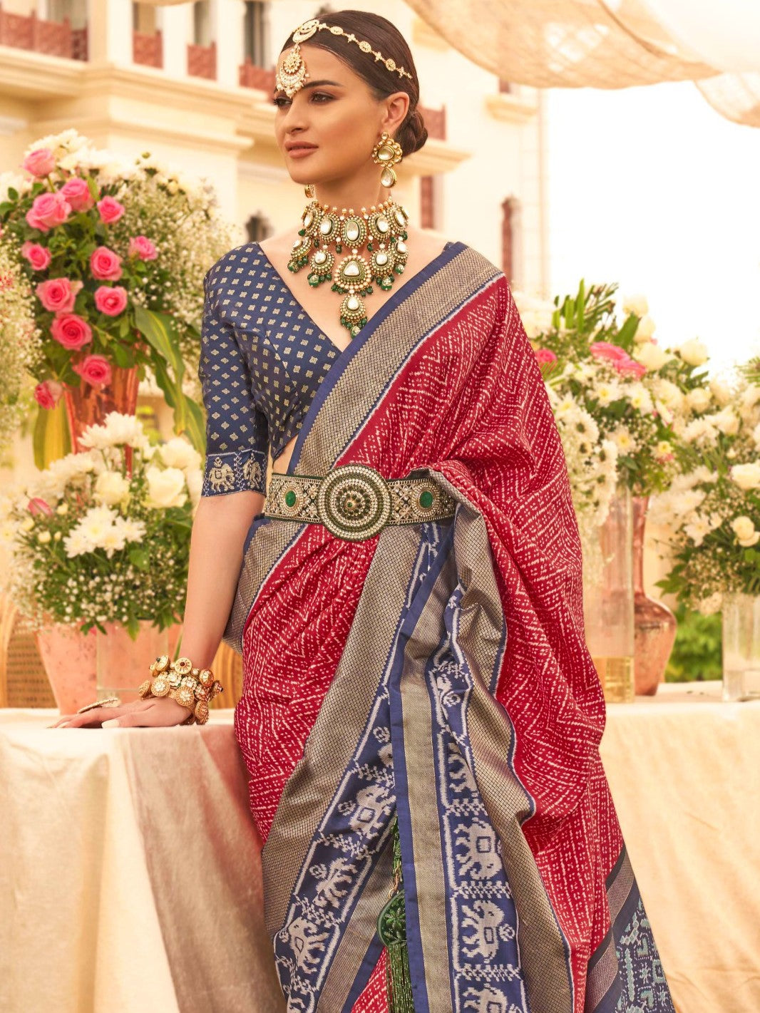 Deep Red and Blue Patola Saree