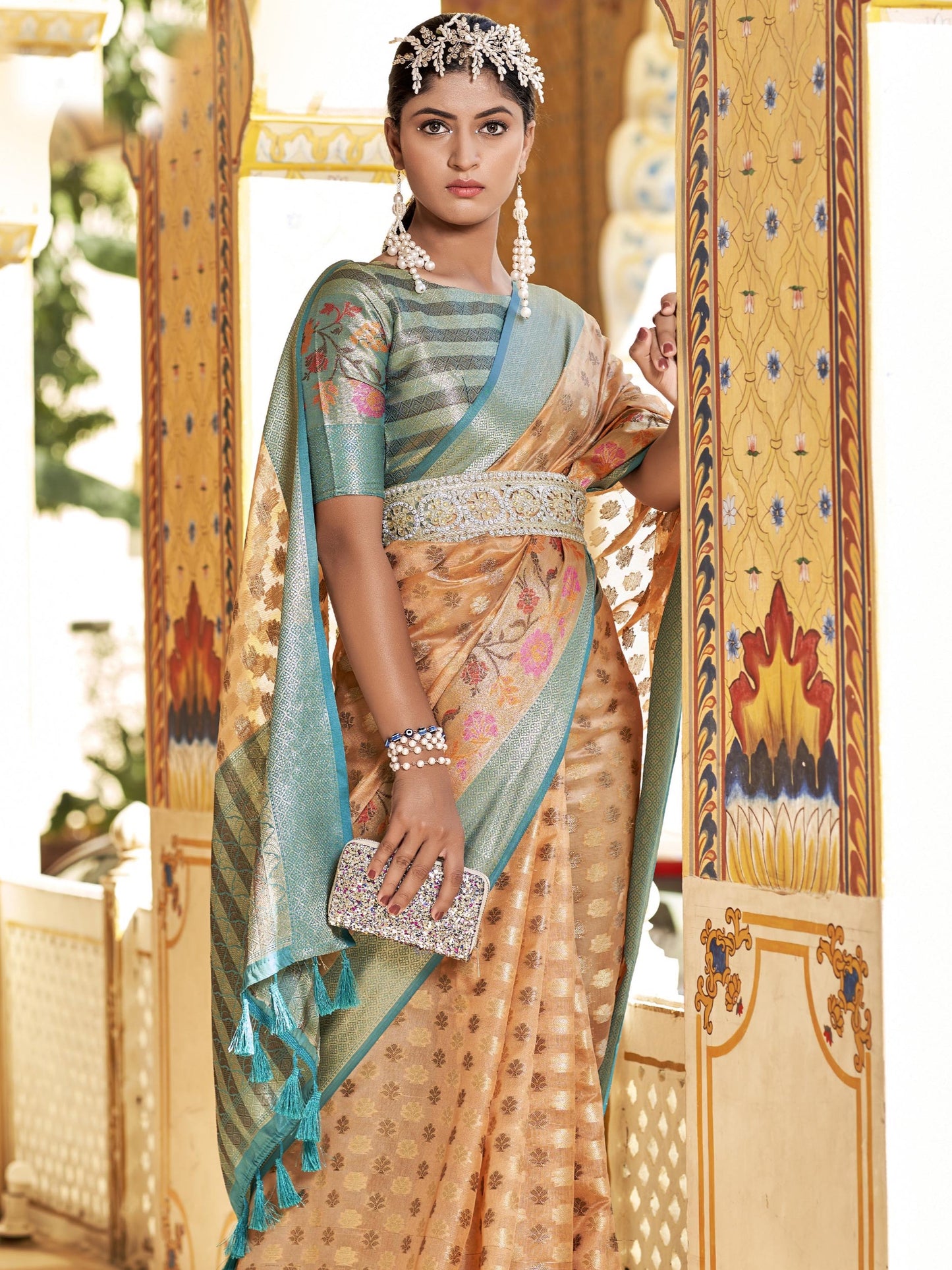 Sandy Brown Tissue Silk Saree