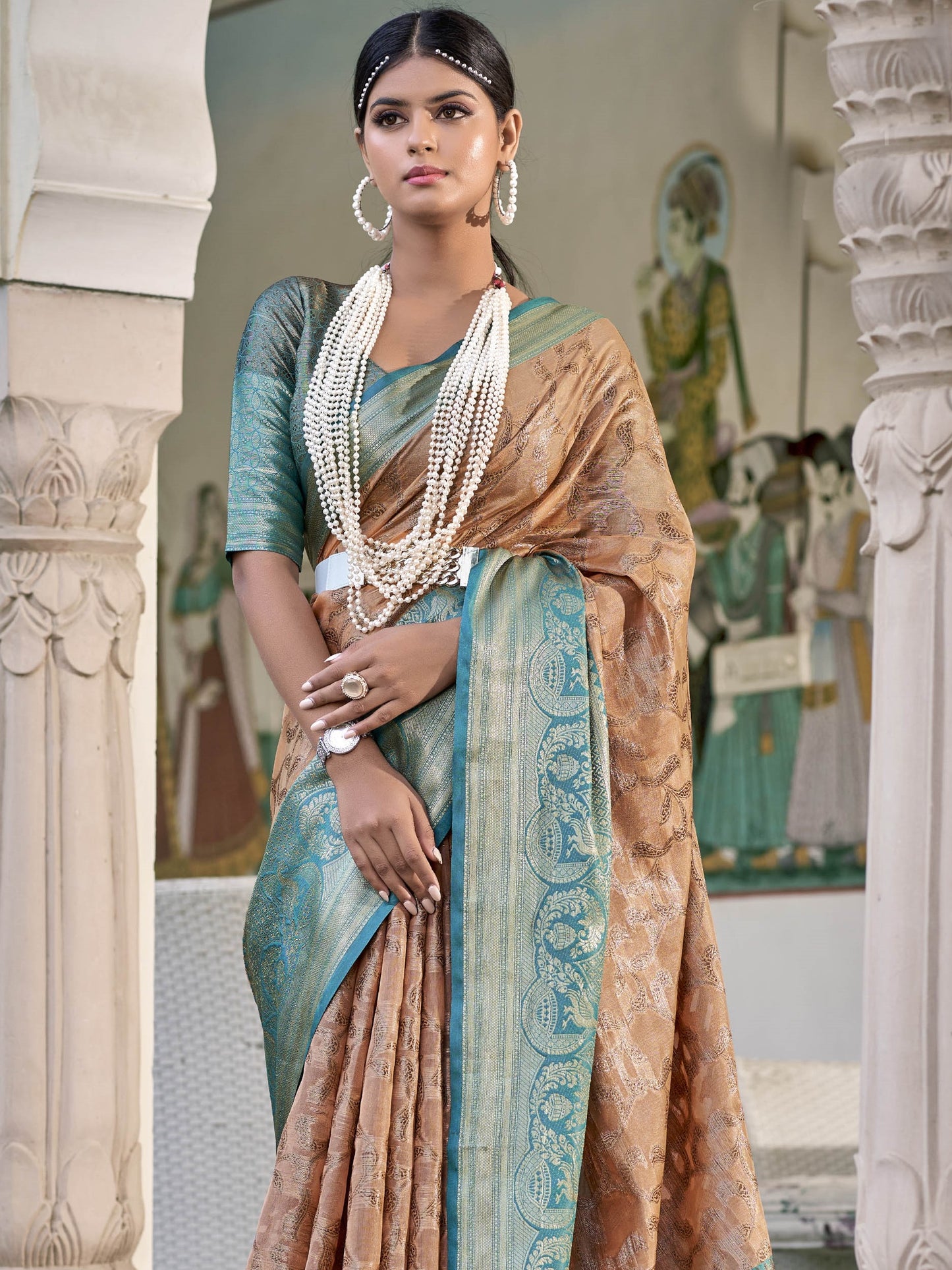 Sandy Brown Tissue Silk Saree