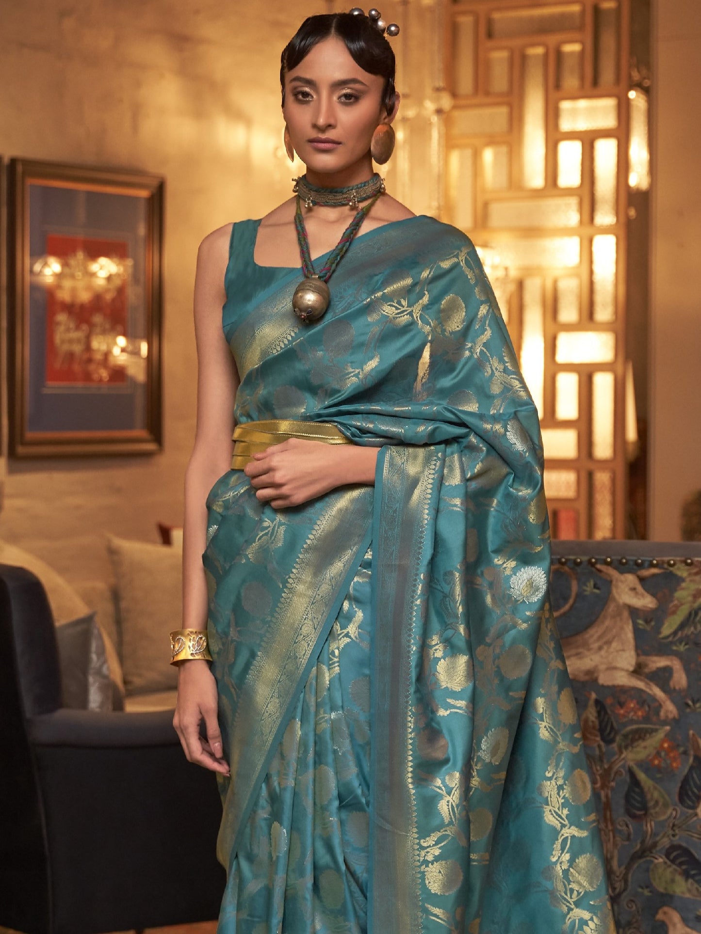 Teal Blue Woven Banarasi Saree