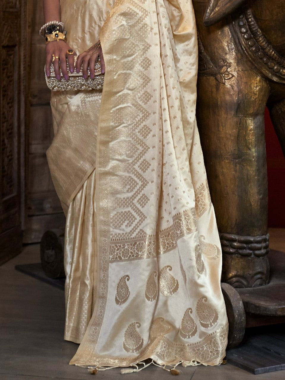 Off White Woven Banarasi Satin Silk Saree