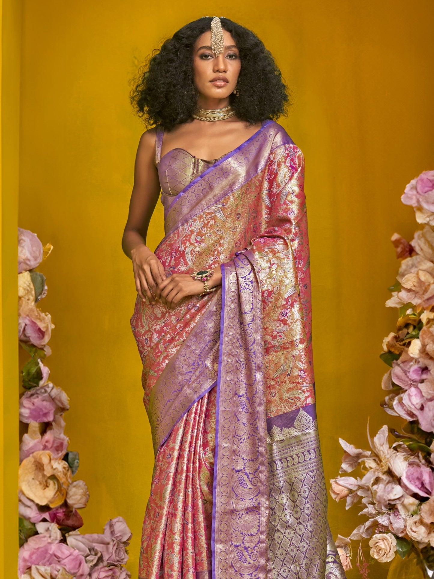 Shiny Pink Duel Tone Woven Kanjivaram Silk Saree