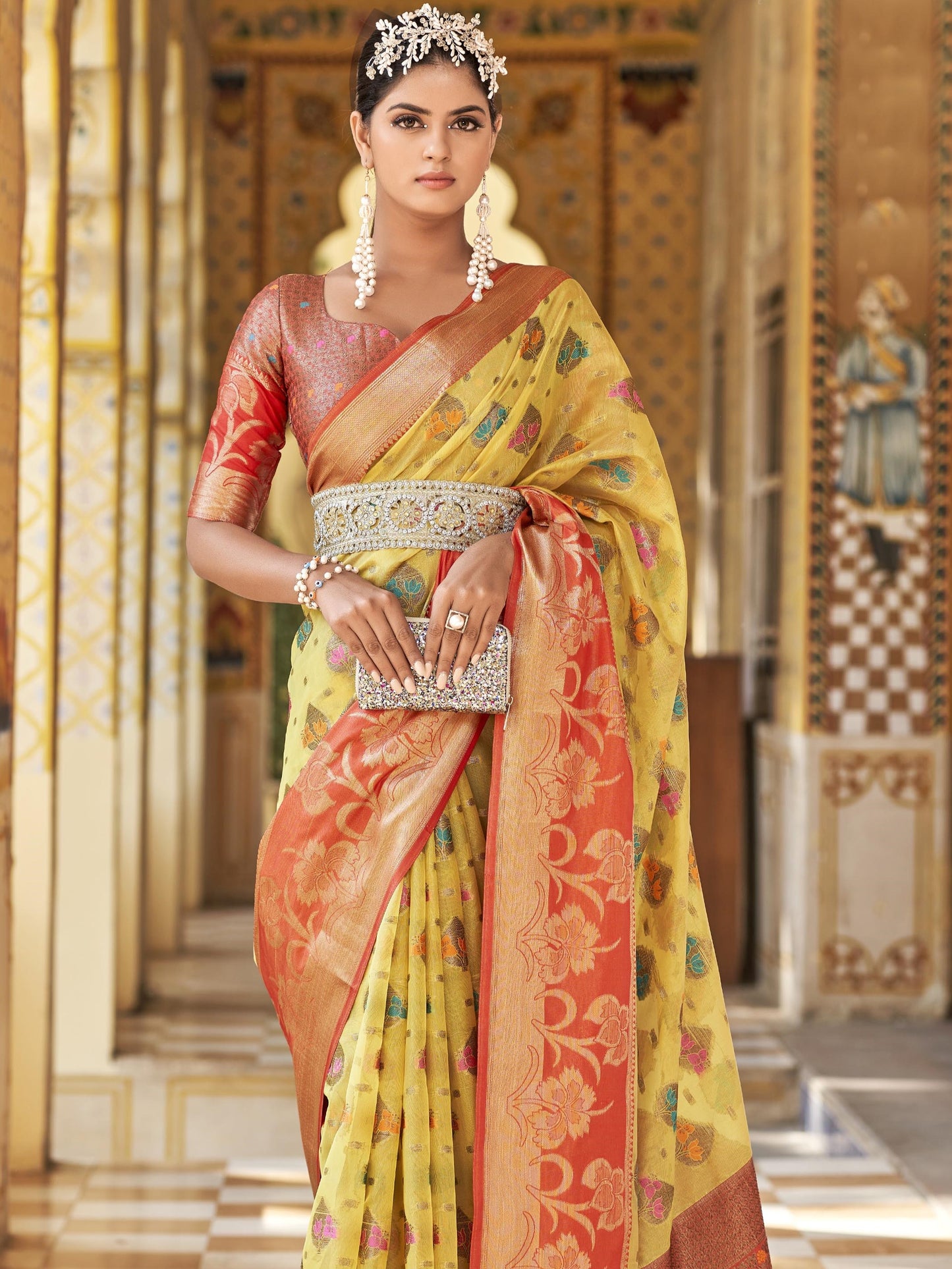Pale Yellow Tissue Silk Saree