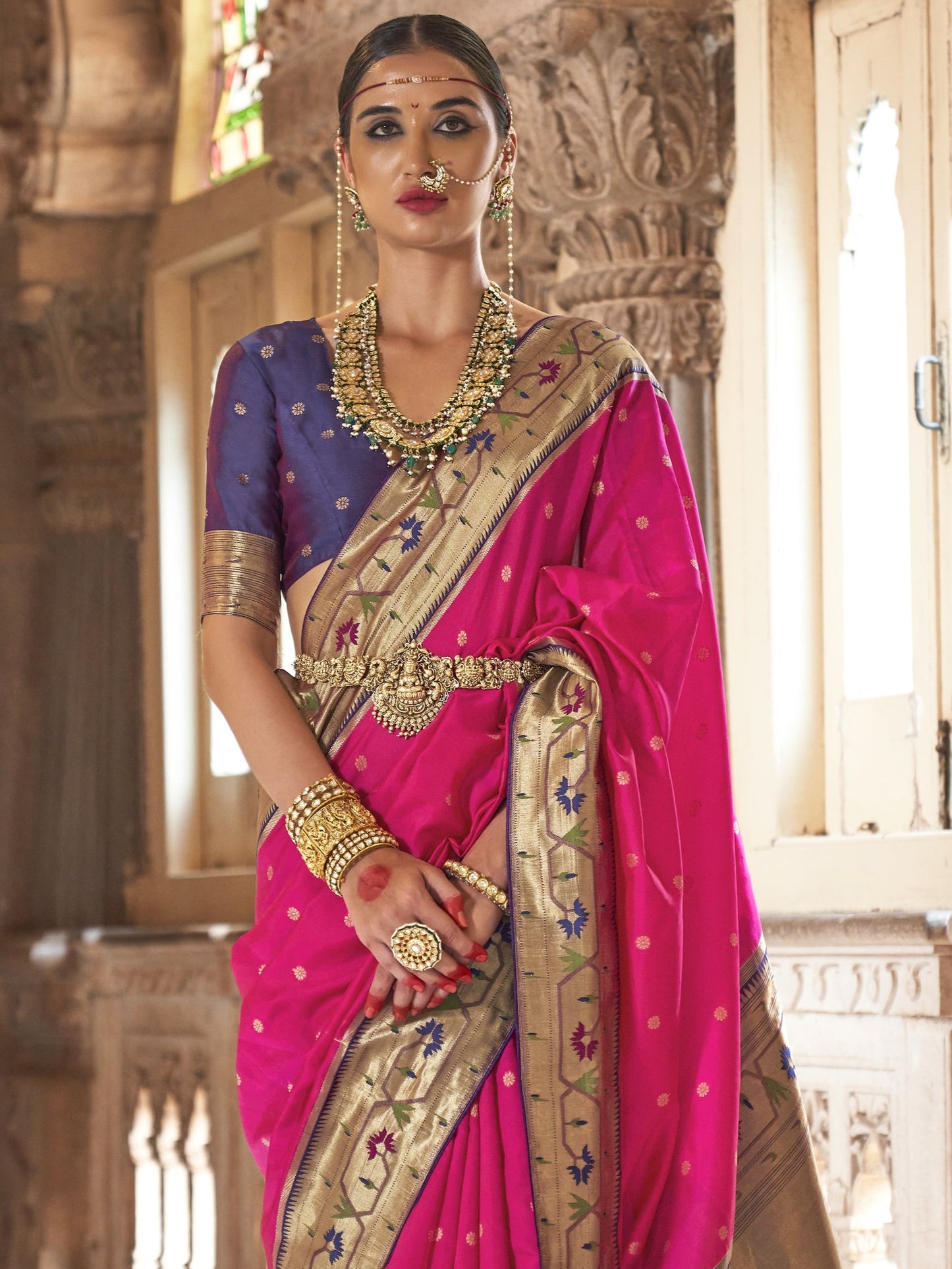 Neon Pink Woven Paithani Saree