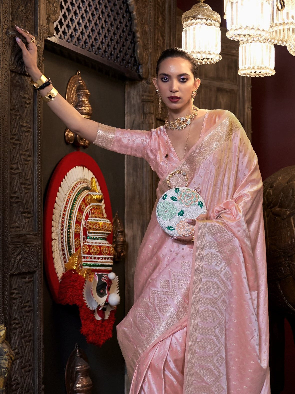 Pastel Pink Woven Banarasi Satin Silk Saree