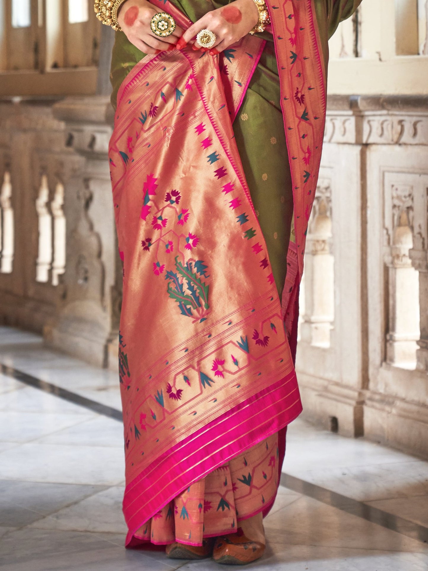 Moss Olive Woven Paithani Saree