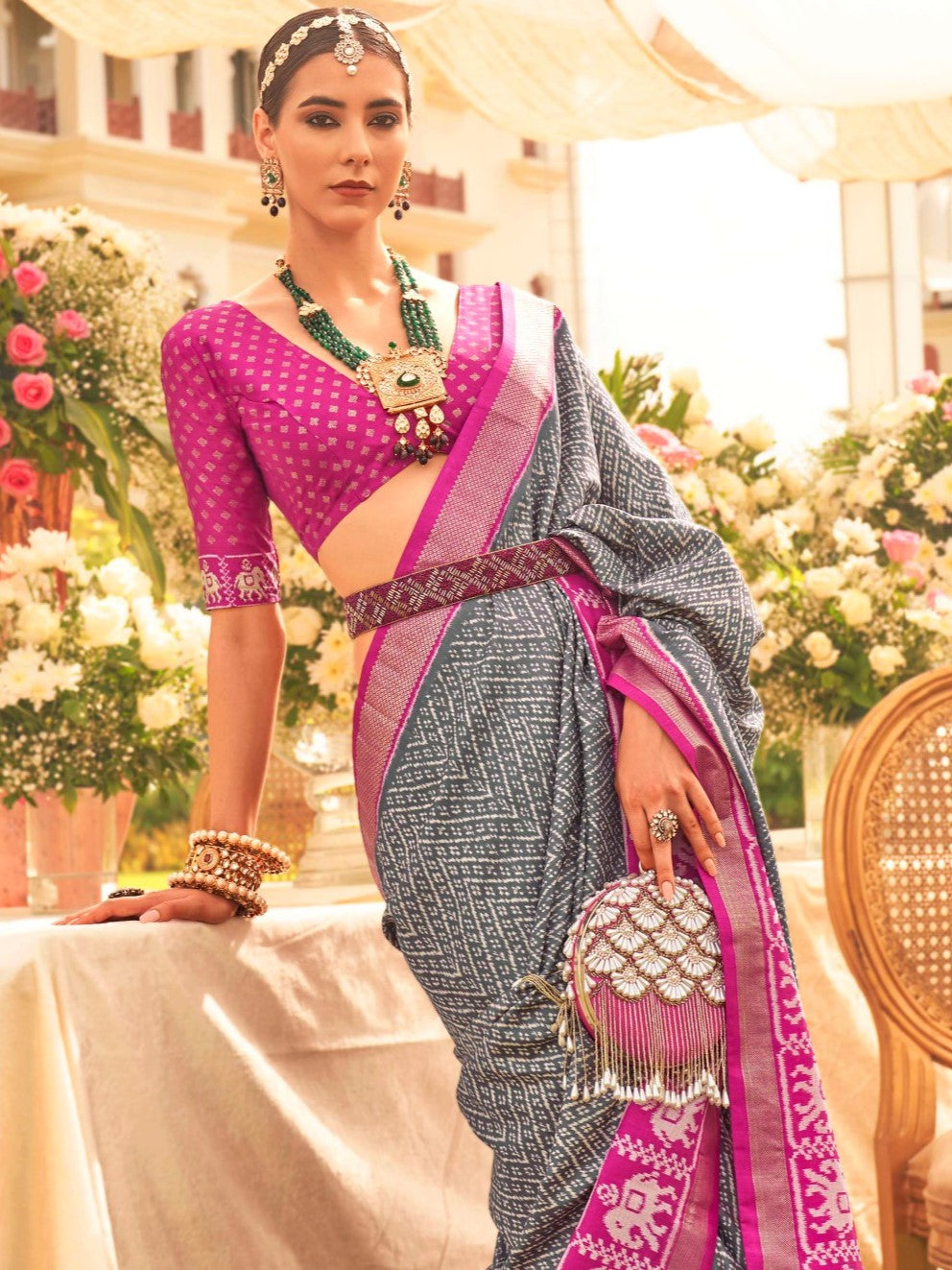Gray and Magenta Patola Saree
