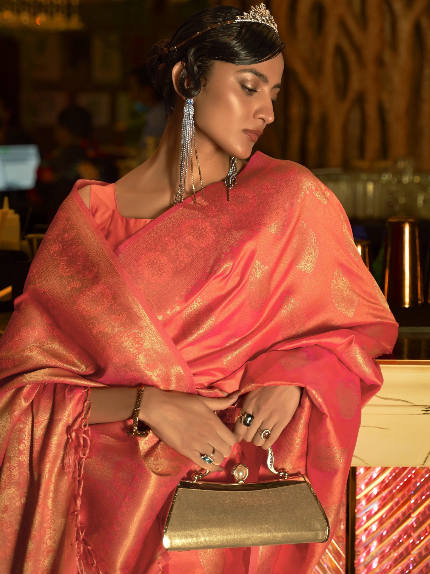 Tangerine Orange Woven Banarasi Saree