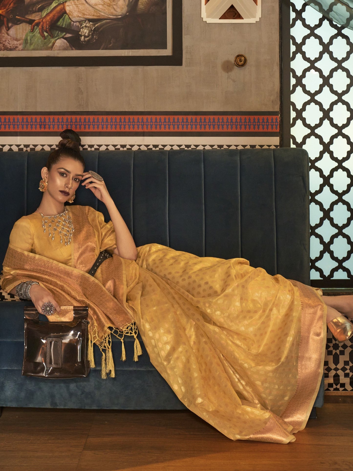 Golden Yellow Tissue Silk Saree