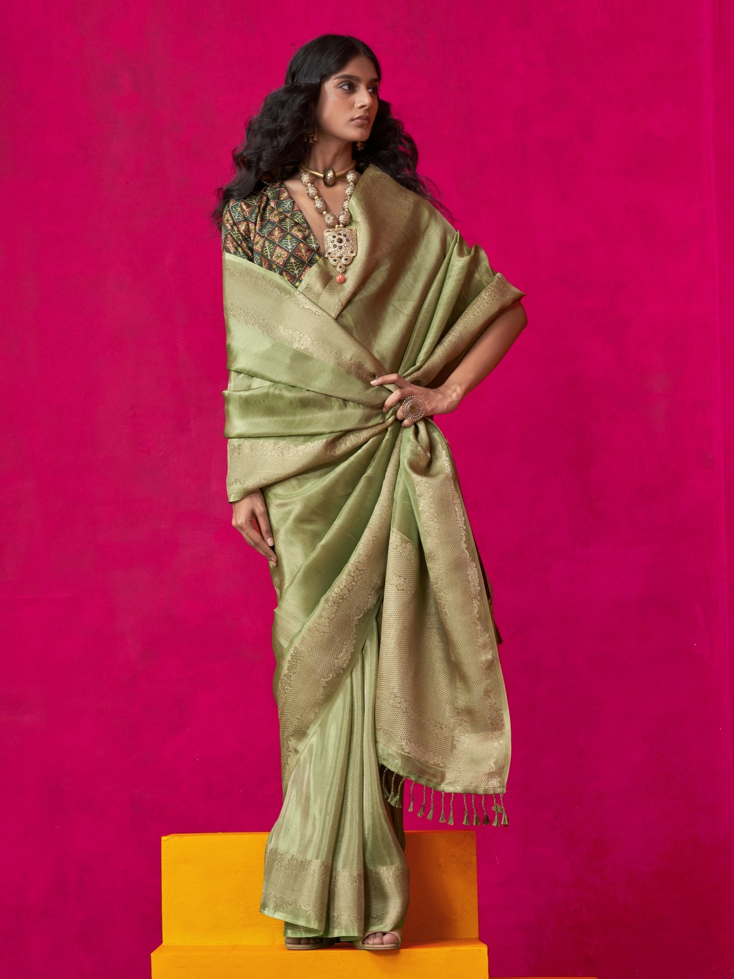 Mantis Green Zari Woven Tissue Silk Saree with Contrast Blouse