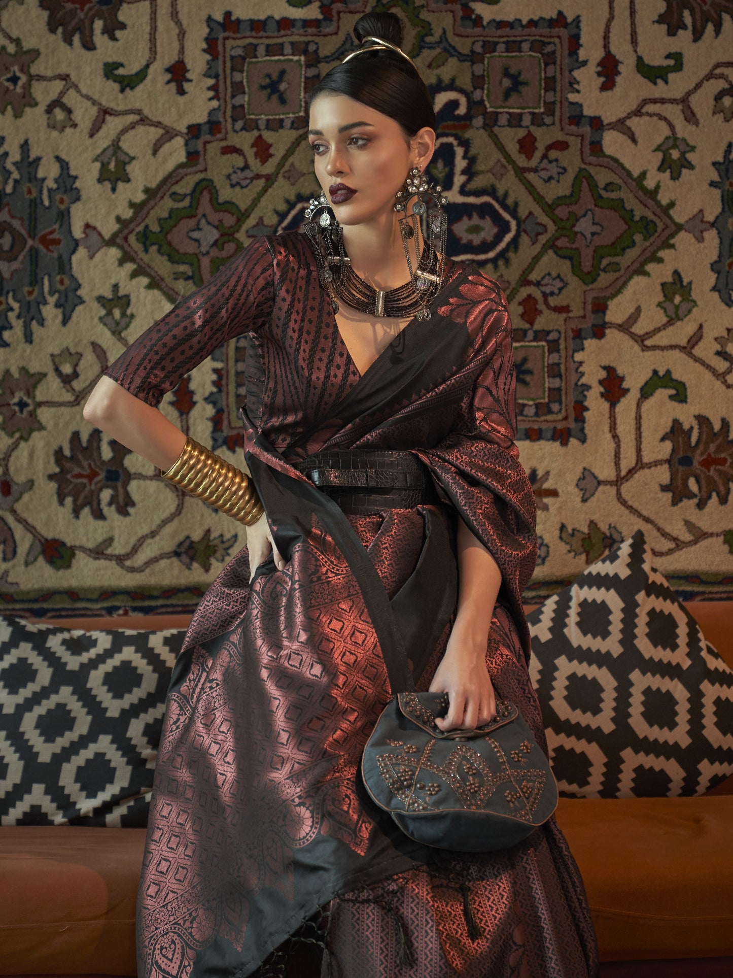 Coal Black Woven Banarasi Saree