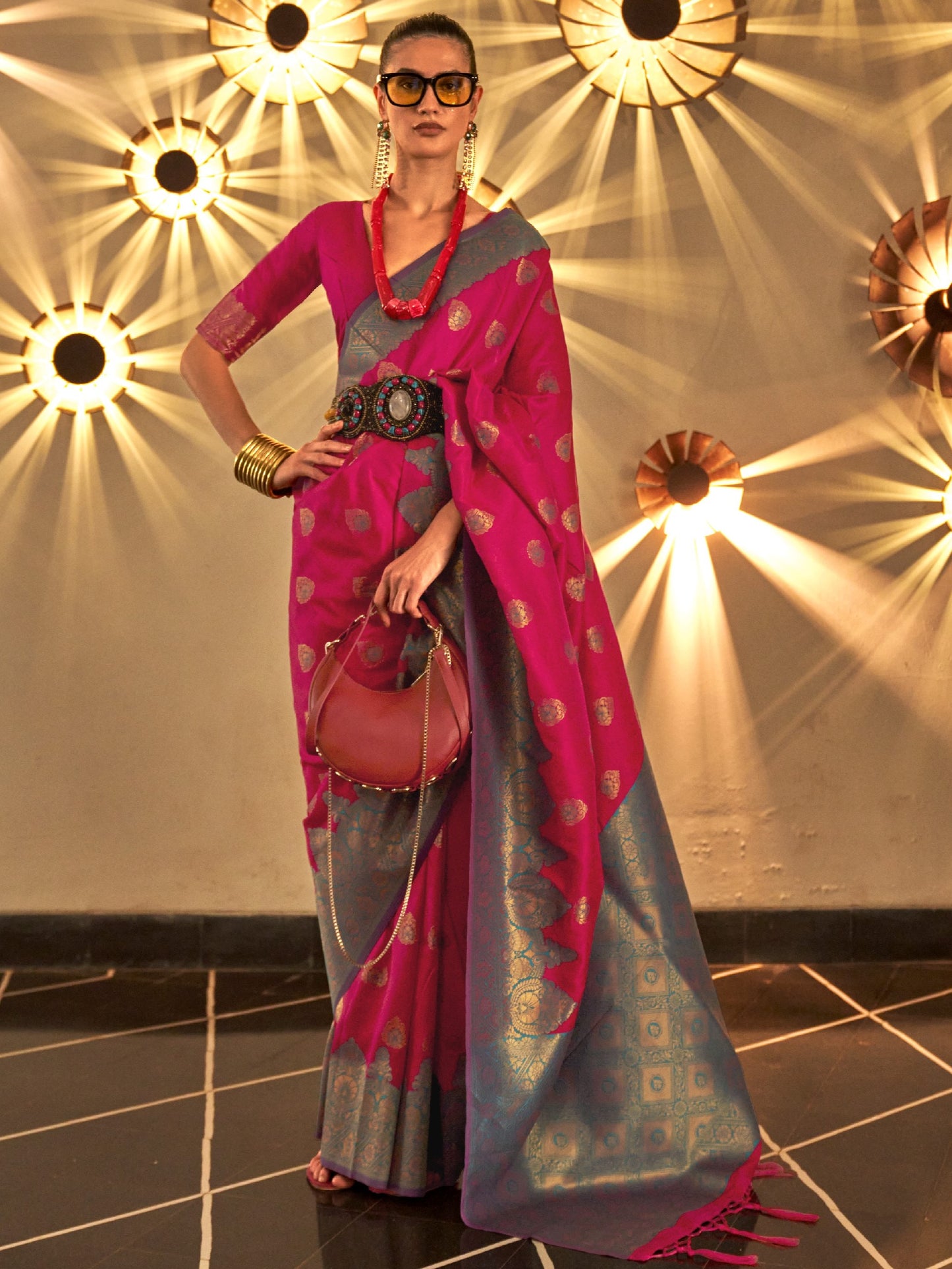 Deep Pink Woven Banarasi Saree