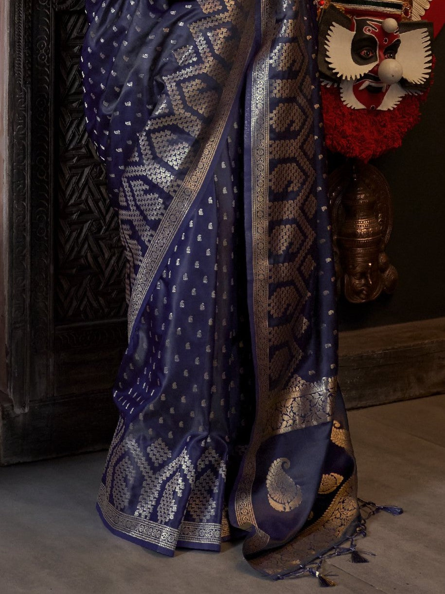Deep Navy Blue Woven Banarasi Satin Silk Saree