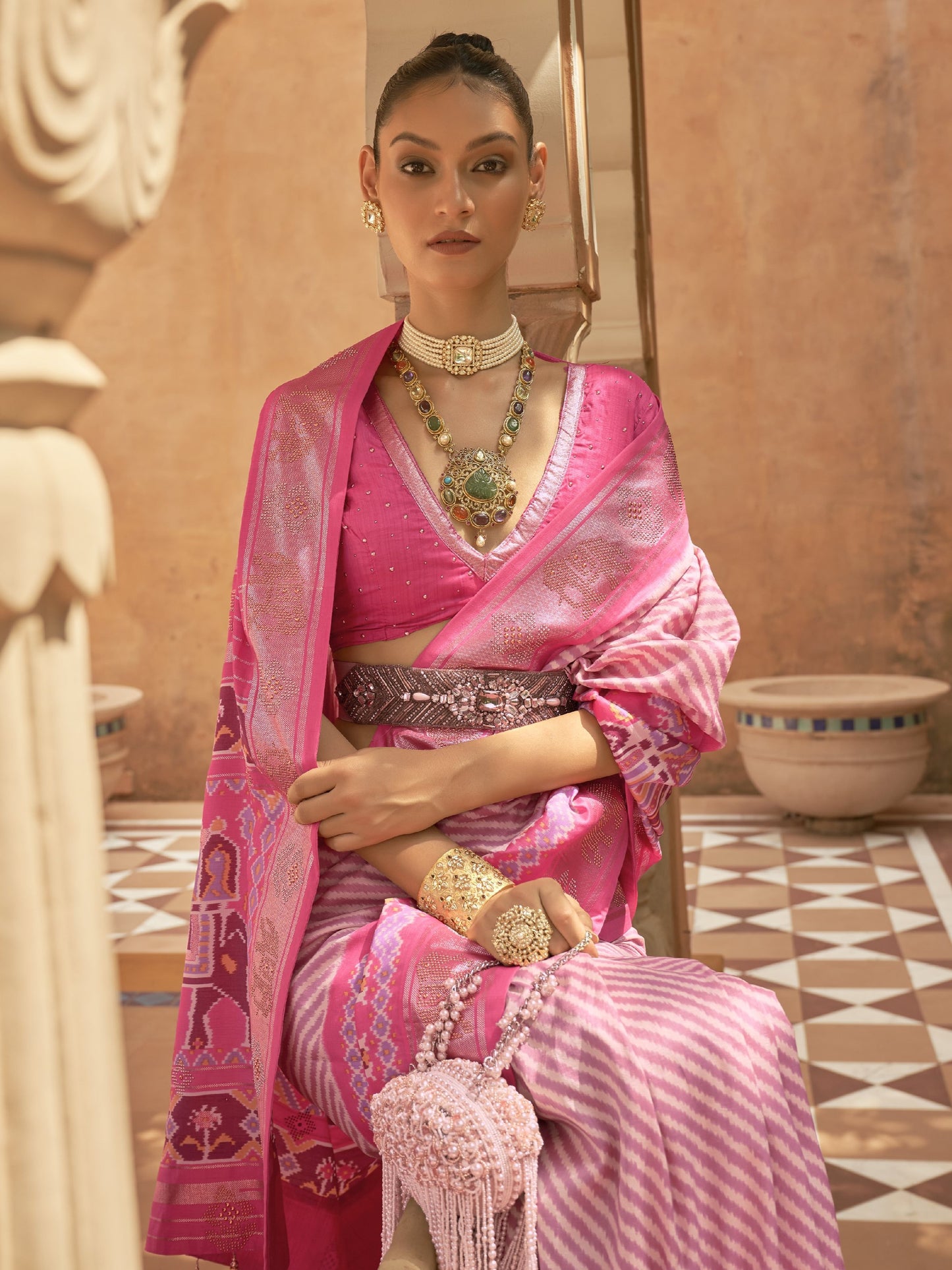 Rose Pink Woven Patola Saree