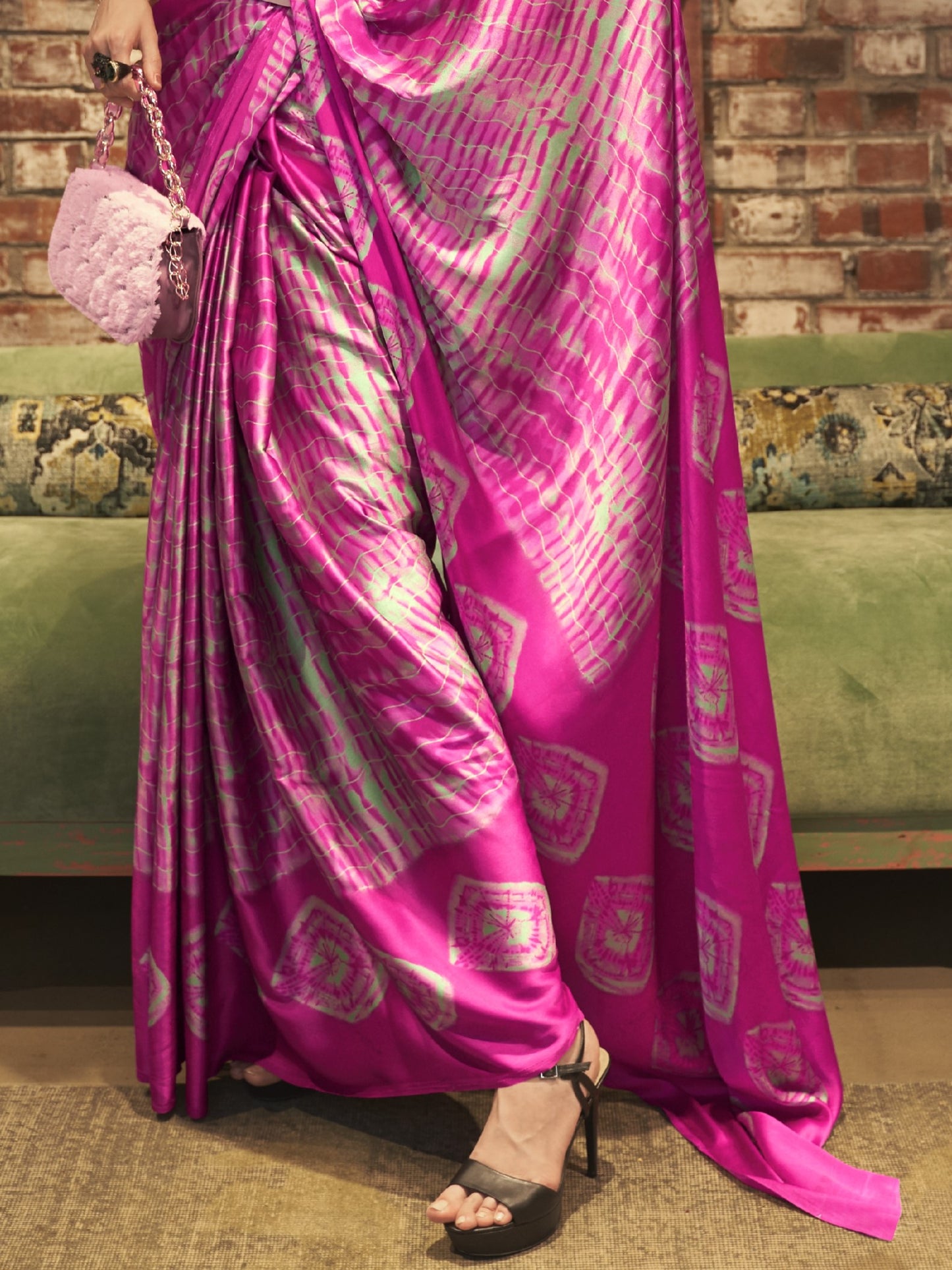 Classy Pink Satin Silk Printed Saree