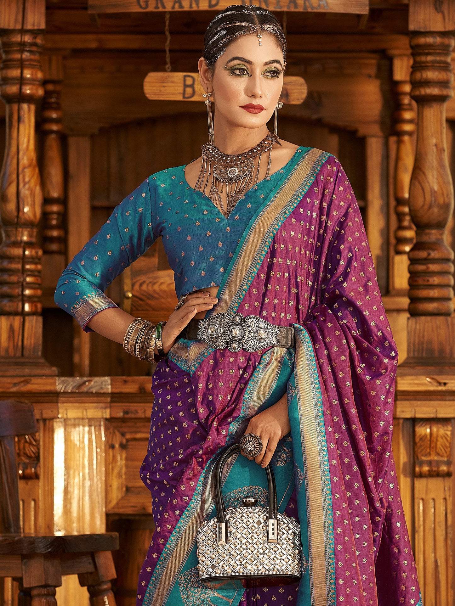 Plum Magenta Woven Banarasi Soft Silk Saree