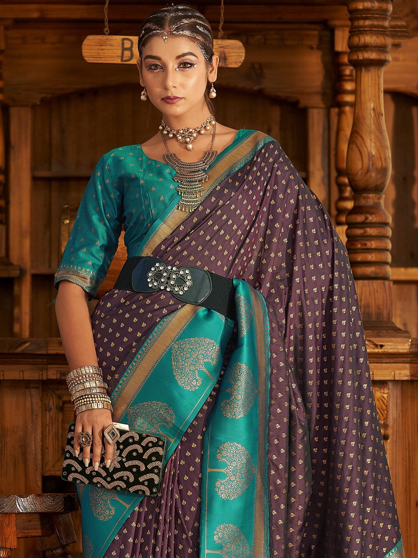 Coffee Maroon Woven Banarasi Soft Silk Saree