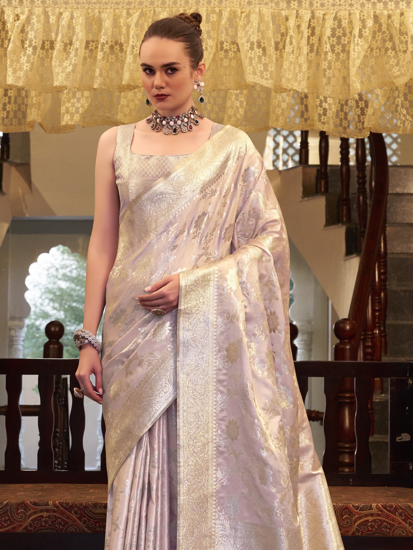 Pastel Pink Woven Banarasi Satin Silk Saree