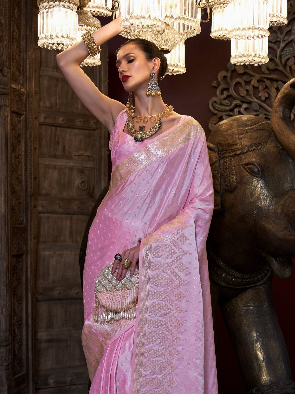 Fresh Pink Woven Banarasi Satin Silk Saree