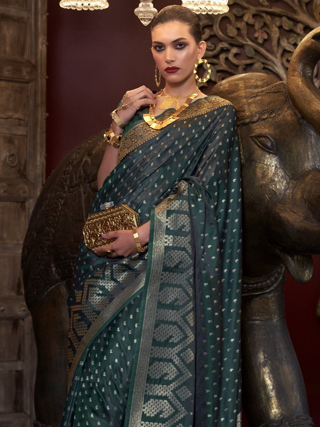 Jungle Green Woven Banarasi Satin Silk Saree