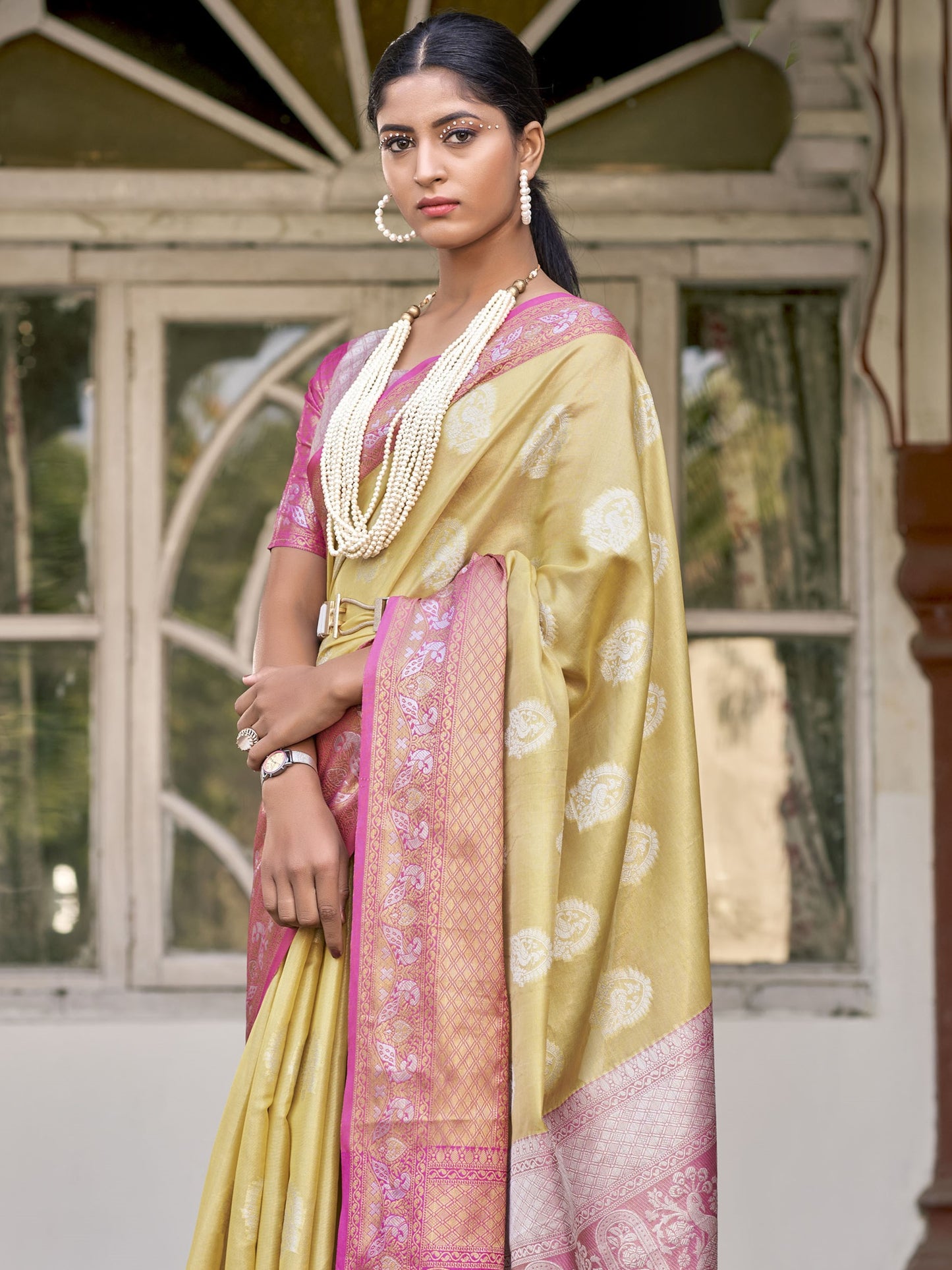 Sandcastle Yellow Tissue Silk Saree