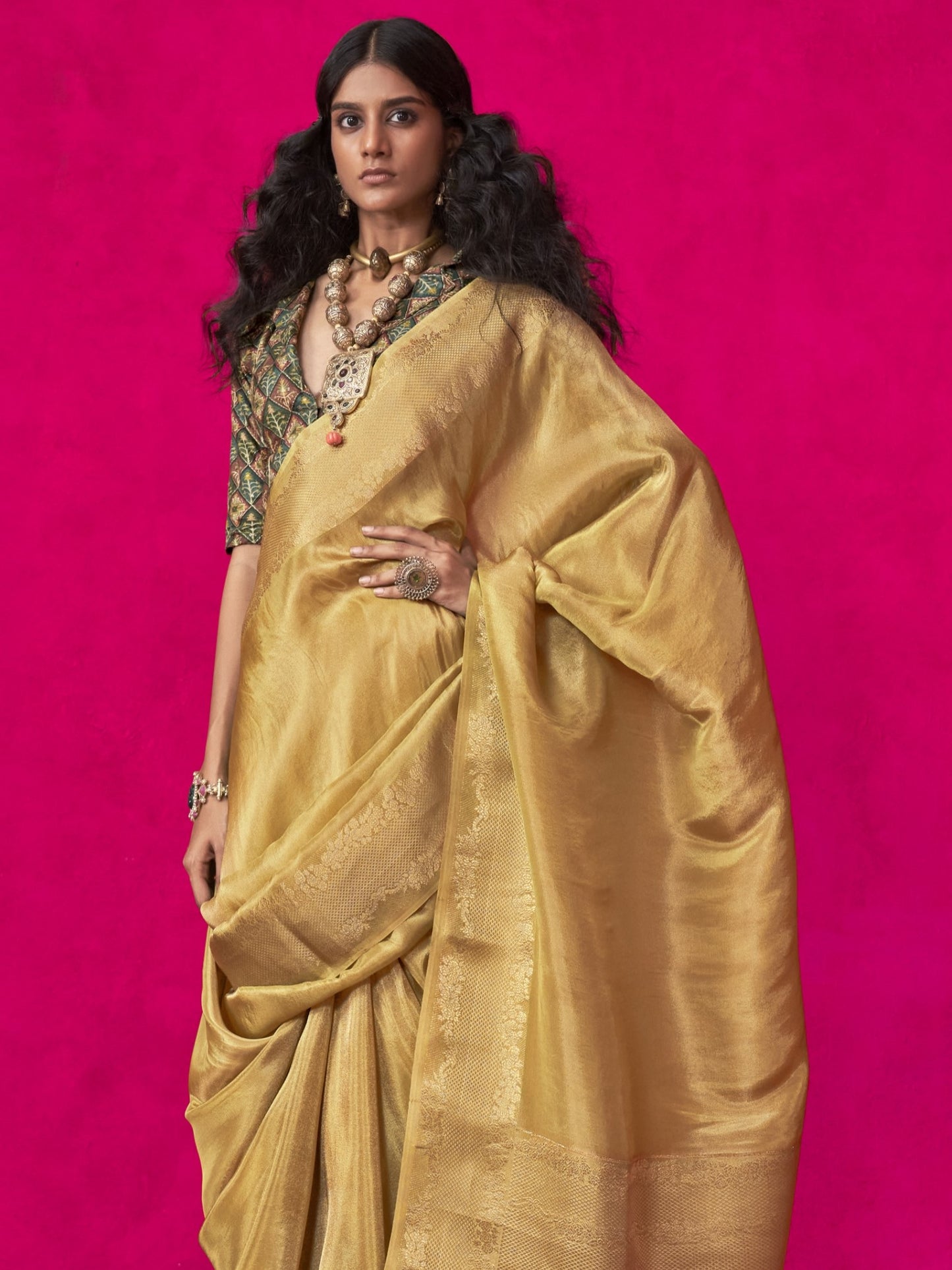 Imperial Golden Zari Woven Tissue Silk Saree with Contrast Blouse