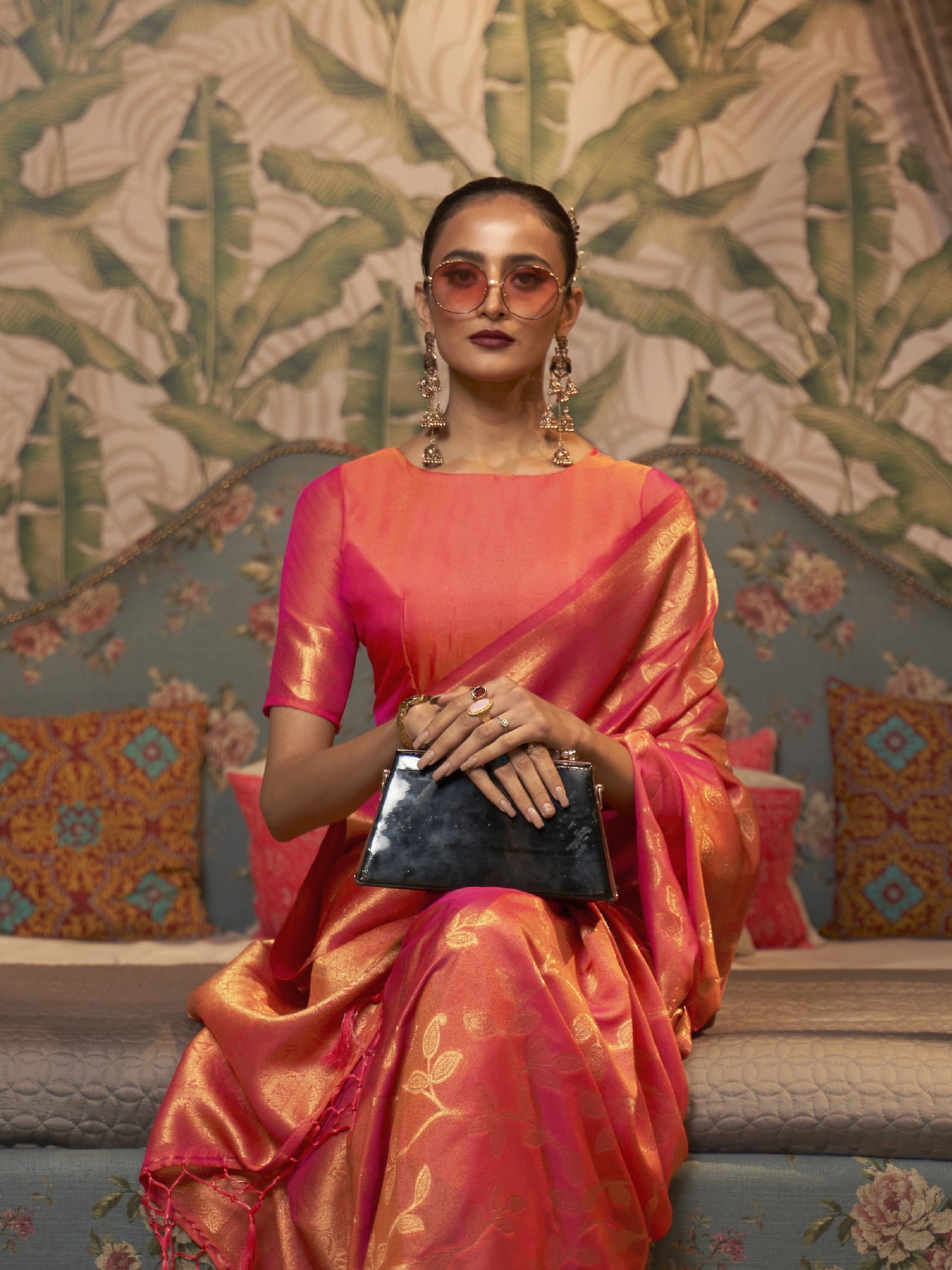 Coral Pink Woven Banarasi Saree