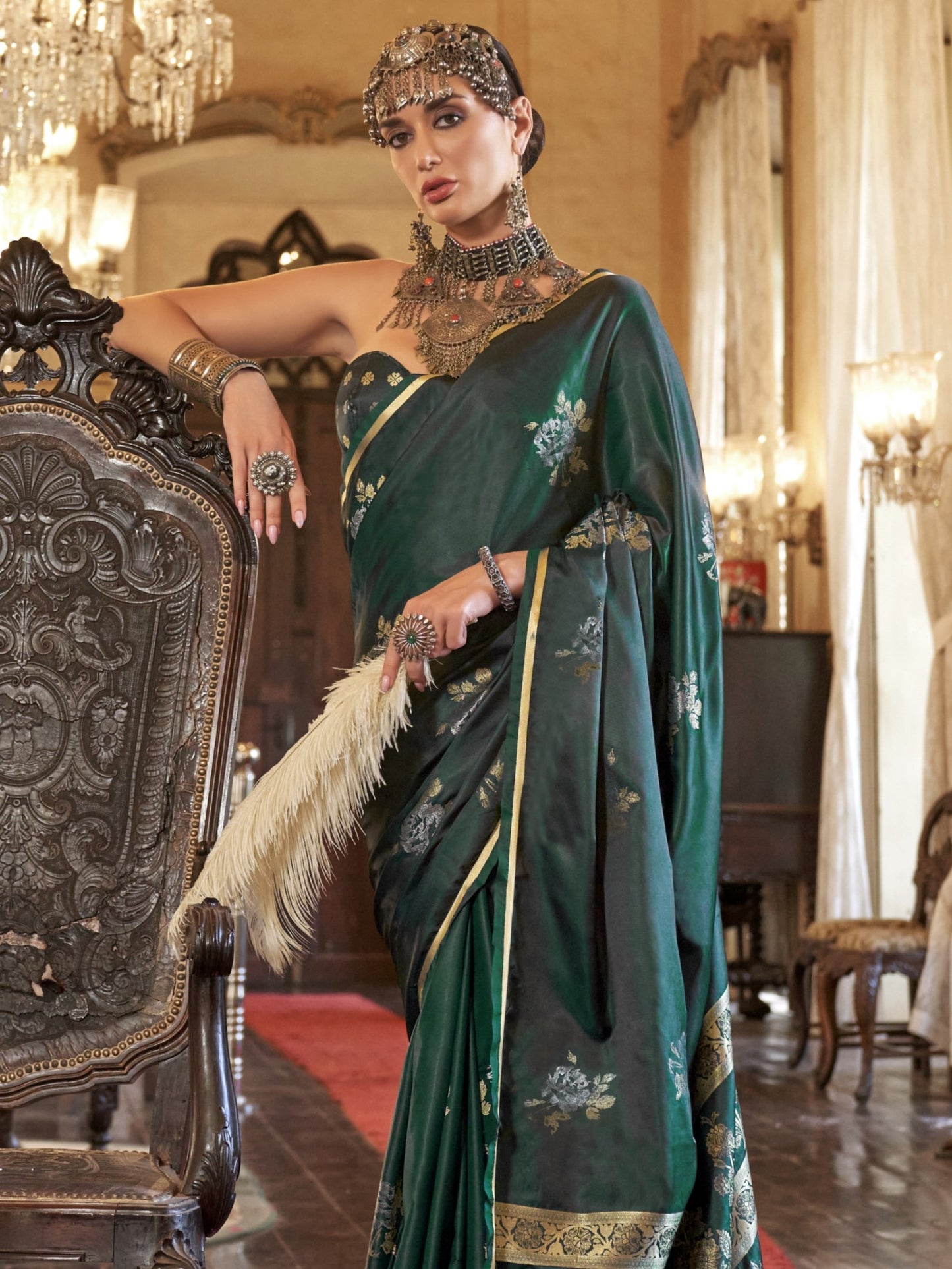 bottle green banarasi saree