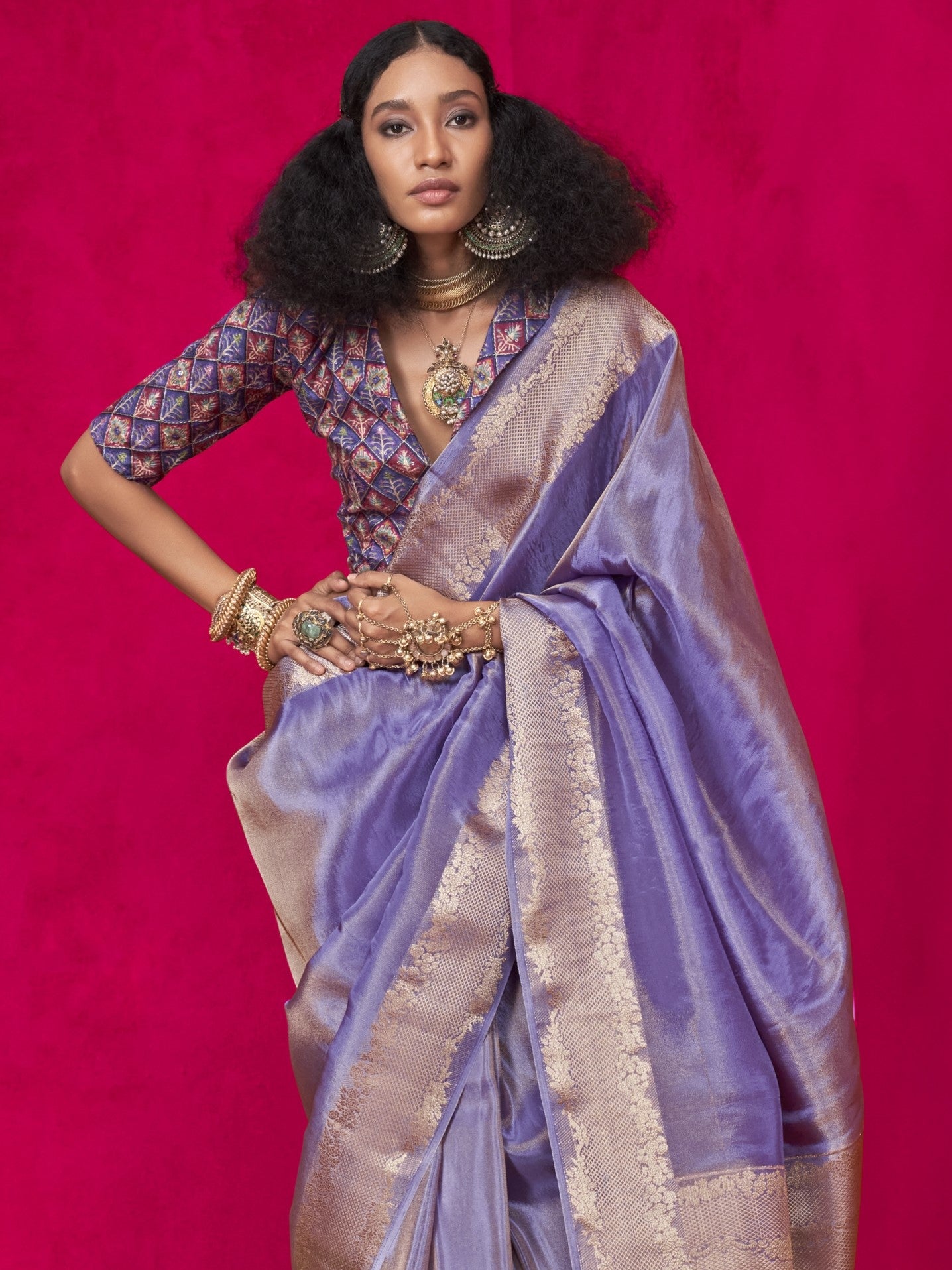 Mauve Purple Zari Woven Tissue Silk Saree with Contrast Blouse