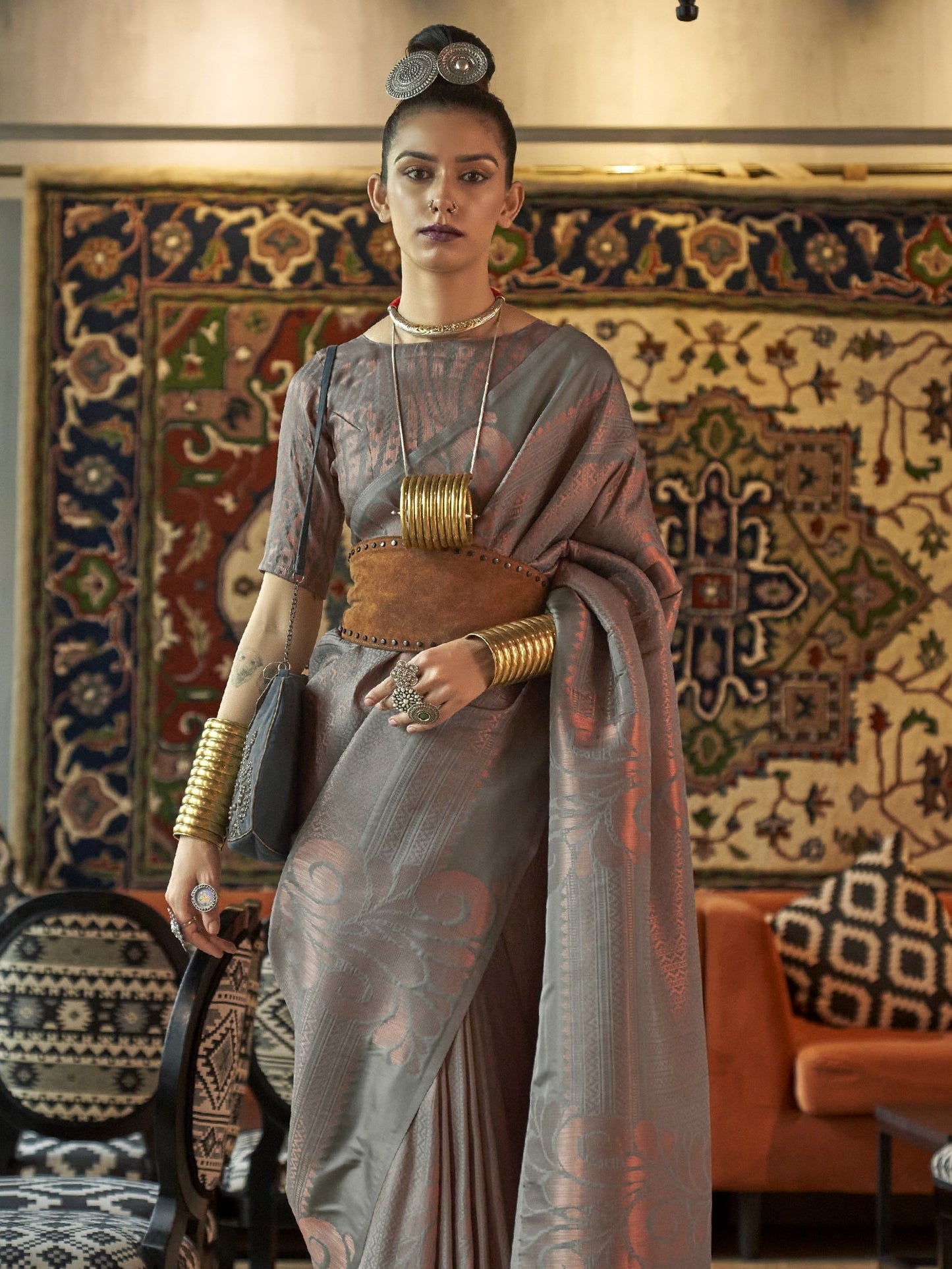 Cool Gray Woven Banarasi Saree