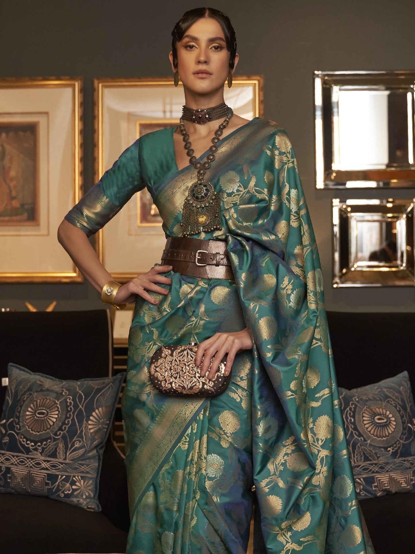 Turquoise Green Woven Banarasi Saree