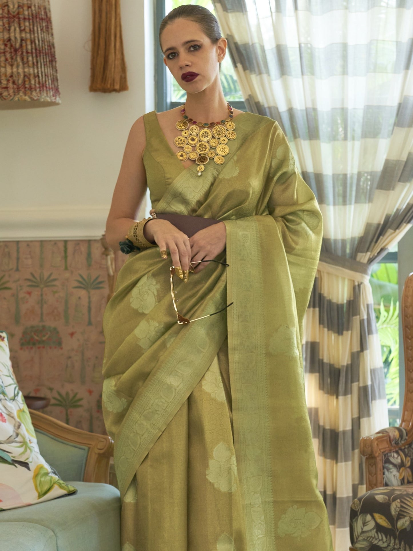 Citron Green Satin Tissue Silk Saree