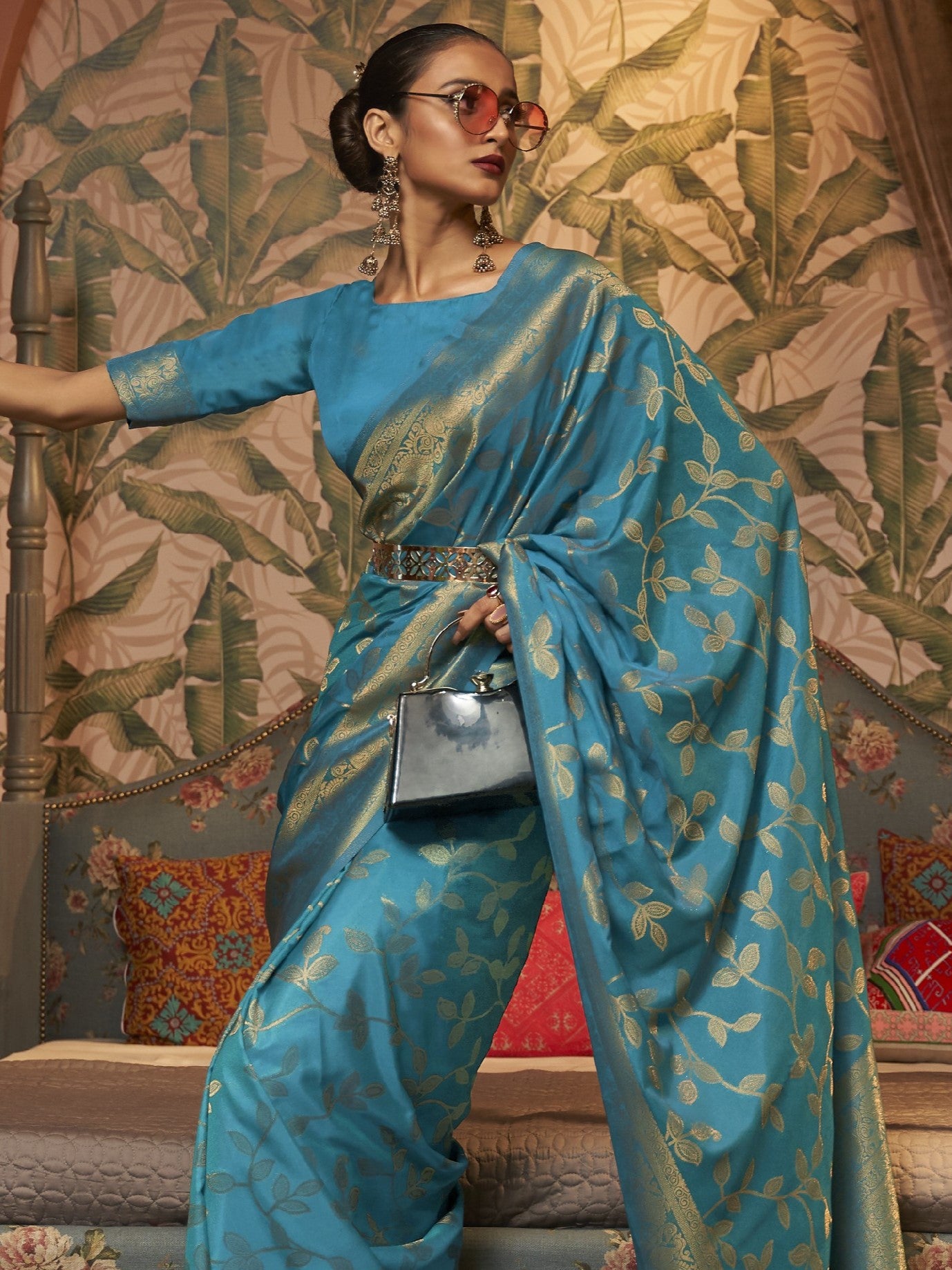 Deep Sky Blue Woven Banarasi saree